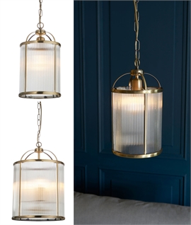 Fluted Glass Lantern with Antique Brass Metalwork and Adjustable Chain Suspension