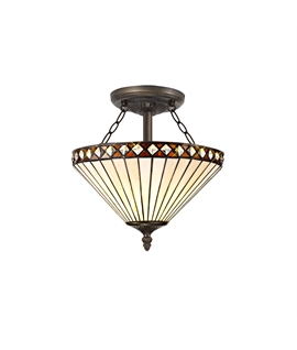 Rossi 2 Light Semi Flush E27 With 30cm Tiffany Shade, Amber-Cream-Crystal-Aged Antique Brass
