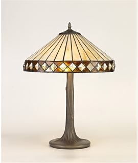Rossi 2 Light Tree Like Table Lamp E27 With 40cm Tiffany Shade, Amber-Cream-Crystal-Aged Antique Brass