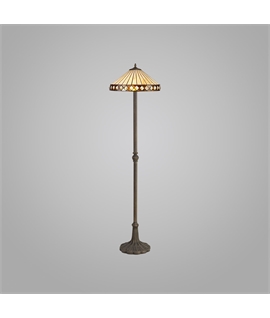 Rossi 2 Light Leaf Design Floor Lamp E27 With 40cm Tiffany Shade, Amber-Cream-Crystal-Aged Antique Brass