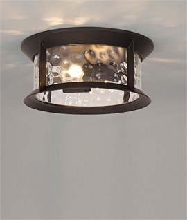 Flush Round Ceiling Light - Antique Bronze & Clear Ripple Glass - IP54