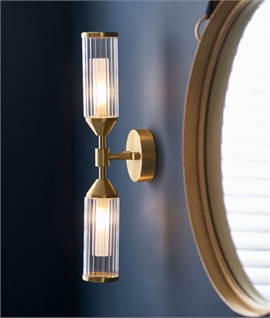 Satin Brass Double Wall Light - Ribbed Glass