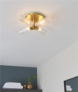 Flush Mounted Brass Bathroom Ceiling Light with Ribbed Shades