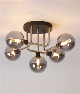 Flush Ceiling 5 Light - Satin Nickel and Black with Smoke Glass