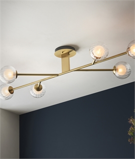 Linear Semi-Flush Ceiling Light in Brass with Ribbed Globe Shades