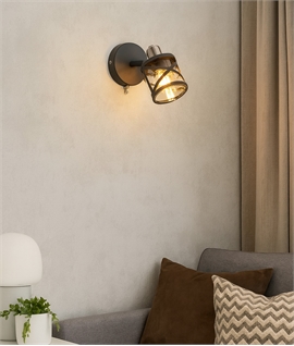 Single Matt Grey Adjustable Wall Light with Cognac Glass Shade