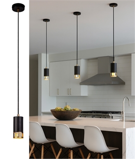 Black Slim Cylinder Pendant with Gold Detail Height 15cm