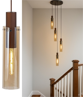 Bruni 5 Light Round Long Drop Pendant - Mocha & Amber Glass