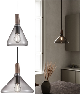 Smoked Glass and Walnut Wood Scandi Pendant 