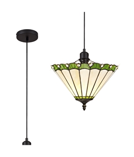 Solana 1 Light Uplighter Pendant E27 With 30cm Tiffany Shade, Green-Cream-Crystal-Black