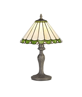 Solana 1 Light Curved Table Lamp E27 With 30cm Tiffany Shade, Green-Cream-Crystal-Aged Antique Brass