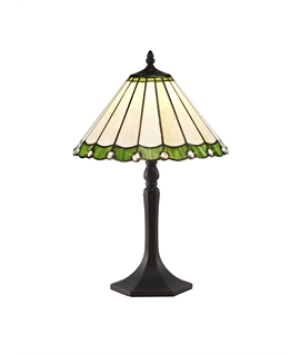 Solana 1 Light Octagonal Table Lamp E27 With 30cm Tiffany Shade, Green-Cream-Crystal-Aged Antique Brass
