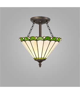 Solana 3 Light Semi Flush E27 With 30cm Tiffany Shade, Green-Cream-Crystal-Aged Antique Brass