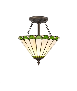 Solana 3 Light Semi Flush E27 With 30cm Tiffany Shade, Green-Cream-Crystal-Aged Antique Brass