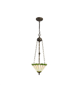 Solana 3 Light Uplighter Pendant E27 With 30cm Tiffany Shade, Green-Cream-Crystal-Aged Antique Brass