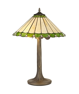 Solana 2 Light Tree Like Table Lamp E27 With 40cm Tiffany Shade, Green-Cream-Crystal-Aged Antique Brass
