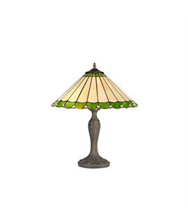 Solana 2 Light Curved Table Lamp E27 With 40cm Tiffany Shade, Green-Cream-Crystal-Aged Antique Brass