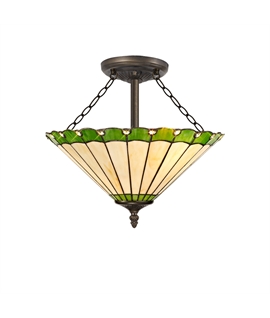 Solana 3 Light Semi Flush E27 With 40cm Tiffany Shade, Green-Cream-Crystal-Aged Antique Brass