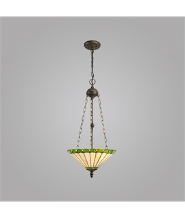 Solana 3 Light Uplighter Pendant E27 With 40cm Tiffany Shade, Green-Cream-Crystal-Aged Antique Brass