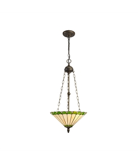 Solana 3 Light Uplighter Pendant E27 With 40cm Tiffany Shade, Green-Cream-Crystal-Aged Antique Brass
