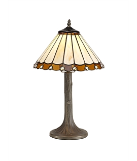 Solana 1 Light Tree Like Table Lamp E27 With 30cm Tiffany Shade, Amber-Cream-Crystal-Aged Antique Brass