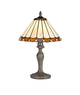 Solana 1 Light Curved Table Lamp E27 With 30cm Tiffany Shade, Amber-Cream-Crystal-Aged Antique Brass