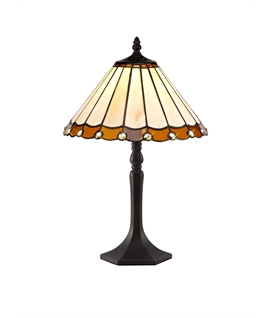 Solana 1 Light Octagonal Table Lamp E27 With 30cm Tiffany Shade, Amber-Cream-Crystal-Aged Antique Brass