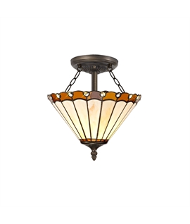Solana 2 Light Semi Flush E27 With 30cm Tiffany Shade, Amber-Cream-Crystal-Aged Antique Brass