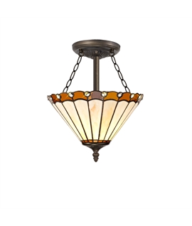 Solana 3 Light Semi Flush E27 With 30cm Tiffany Shade, Amber-Cream-Crystal-Aged Antique Brass