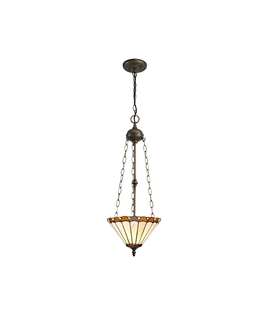 Solana 3 Light Uplighter Pendant E27 With 30cm Tiffany Shade, Amber-Cream-Crystal-Aged Antique Brass