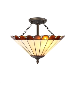 Solana 3 Light Semi Flush E27 With 40cm Tiffany Shade, Amber-Cream-Crystal-Aged Antique Brass