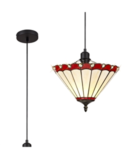 Solana 1 Light Uplighter Pendant E27 With 30cm Tiffany Shade, Red-Cream-Crystal-Black