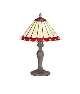 Solana 1 Light Curved Table Lamp E27 With 30cm Tiffany Shade, Red-Cream-Crystal-Aged Antique Brass