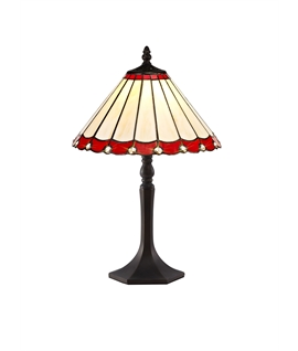 Solana 1 Light Octagonal Table Lamp E27 With 30cm Tiffany Shade, Red-Cream-Crystal-Aged Antique Brass