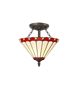 Solana 2 Light Semi Flush E27 With 30cm Tiffany Shade, Red-Cream-Crystal-Aged Antique Brass