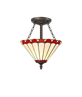 Solana 3 Light Semi Flush E27 With 30cm Tiffany Shade, Red-Cream-Crystal-Aged Antique Brass