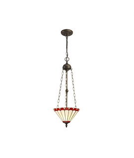 Solana 3 Light Uplighter Pendant E27 With 30cm Tiffany Shade, Red-Cream-Crystal-Aged Antique Brass
