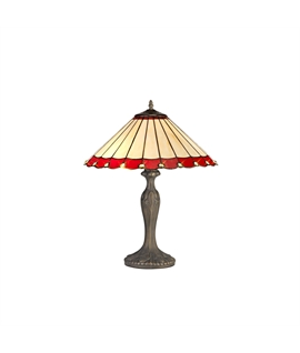 Solana 2 Light Curved Table Lamp E27 With 40cm Tiffany Shade, Red-Cream-Crystal-Aged Antique Brass
