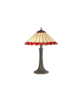 Solana 2 Light Octagonal Table Lamp E27 With 40cm Tiffany Shade, Red-Cream-Crystal-Aged Antique Brass