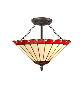 Solana 3 Light Semi Flush E27 With 40cm Tiffany Shade, Red-Cream-Crystal-Aged Antique Brass