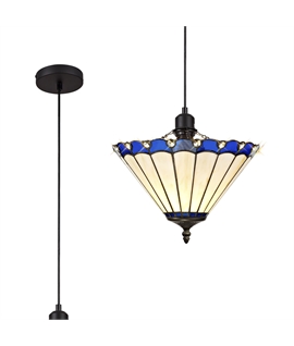 Solana 1 Light Uplighter Pendant E27 With 30cm Tiffany Shade, Blue-Cream-Crystal-Black
