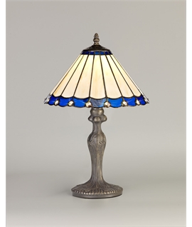 Solana 1 Light Curved Table Lamp E27 With 30cm Tiffany Shade, Blue-Cream-Crystal-Aged Antique Brass