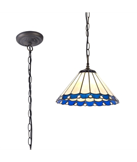 Solana 1 Light Downlighter Pendant E27 With 30cm Tiffany Shade, Blue-Cream-Crystal-Aged Antique Brass