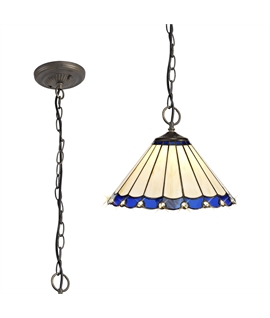Solana 3 Light Downlighter Pendant E27 With 30cm Tiffany Shade, Blue-Cream-Crystal-Aged Antique Brass