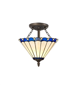 Solana 2 Light Semi Flush E27 With 30cm Tiffany Shade, Blue-Cream-Crystal-Aged Antique Brass