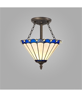 Solana 3 Light Semi Flush E27 With 30cm Tiffany Shade, Blue-Cream-Crystal-Aged Antique Brass