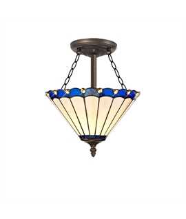 Solana 3 Light Semi Flush E27 With 30cm Tiffany Shade, Blue-Cream-Crystal-Aged Antique Brass