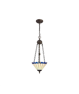 Solana 2 Light Uplighter Pendant E27 With 30cm Tiffany Shade, Blue-Cream-Crystal-Aged Antique Brass