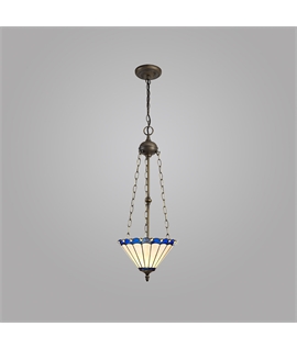 Solana 3 Light Uplighter Pendant E27 With 30cm Tiffany Shade, Blue-Cream-Crystal-Aged Antique Brass