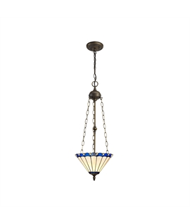 Solana 3 Light Uplighter Pendant E27 With 30cm Tiffany Shade, Blue-Cream-Crystal-Aged Antique Brass